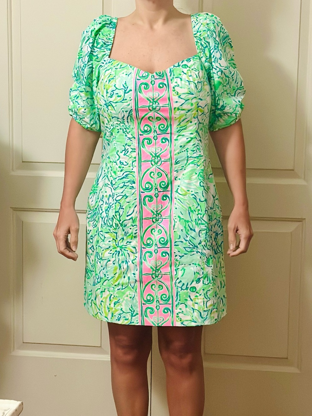 Lilly Pulitzer Green and Pink Printed Puff-Sleeve Mini Dress